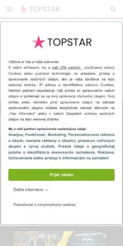 Podgląd witryny TopStar, medium z kraju Słowacja do artykułów sponsorowanych