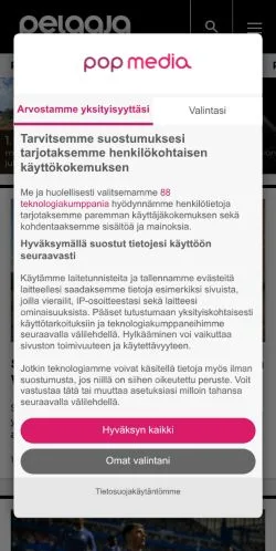 Anteprima del sito Pelaaja, media di Finlandia per articoli sponsorizzati
