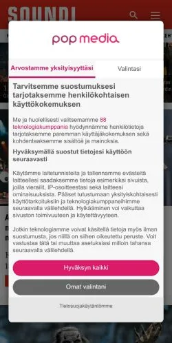 Podgląd witryny Soundi, medium z kraju Finlandia do artykułów sponsorowanych