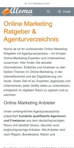 Vista previa del sitio Aloma Marketing, medio de Alemania para artículos patrocinados