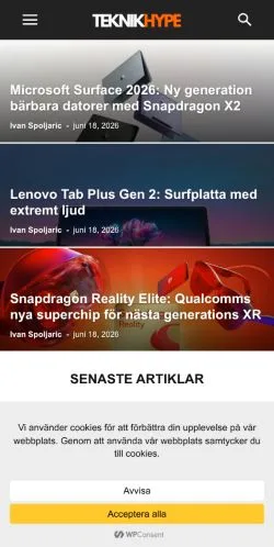 Anteprima del sito Teknikhype, media di Svezia per articoli sponsorizzati