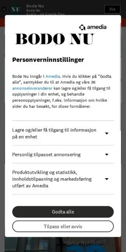 Vista previa del sitio Bodø Nu, medio de Noruega para artículos patrocinados