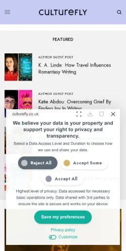 Anteprima del sito Culturefly, media di Regno Unito per articoli sponsorizzati
