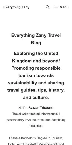 Forhåndsvisning av nettstedet Everything Zany Travel Blog, medium fra Storbritannia for sponsede artikler