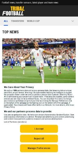 스폰서 기사용 미국 매체 TribalFootball 사이트 미리보기