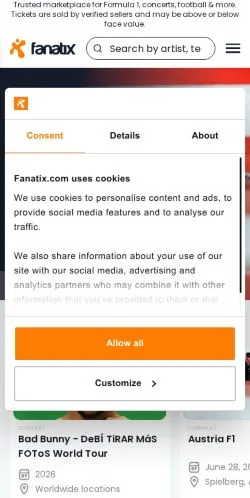 スポンサード記事向けのアメリカ合衆国メディア、Fanatix Ticketsのサイトプレビュー