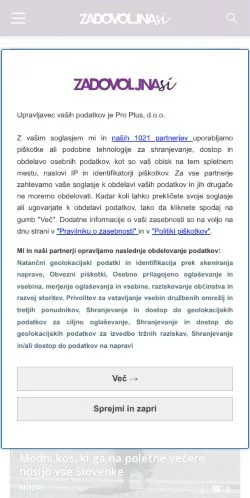 Podgląd witryny Zadovoljna, medium z kraju Słowenia do artykułów sponsorowanych