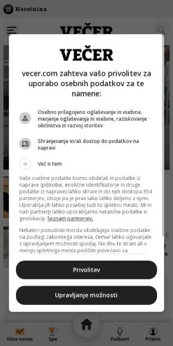 Forhåndsvisning av nettstedet Večer, medium fra Slovenia for sponsede artikler