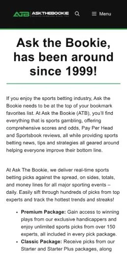 Podgląd witryny Ask The Bookie, medium z kraju Stany Zjednoczone do artykułów sponsorowanych