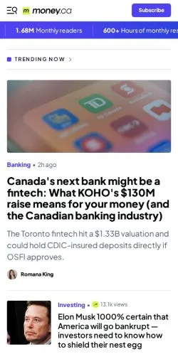 Pré-visualização do site Money Canada, meio de Canadá para artigos patrocinados