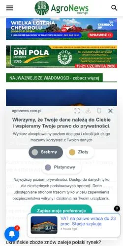 Anteprima del sito AgroNews, media di Polonia per articoli sponsorizzati