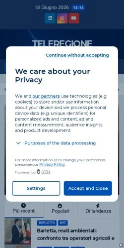 スポンサード記事向けのイタリアメディア、Teleregioneのサイトプレビュー