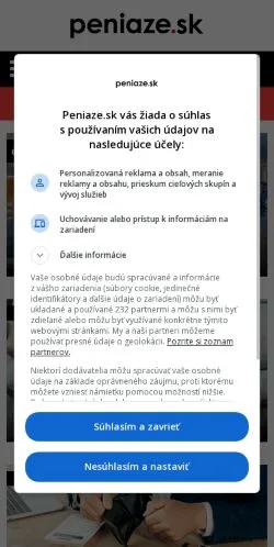 Podgląd witryny Peniaze, medium z kraju Słowacja do artykułów sponsorowanych