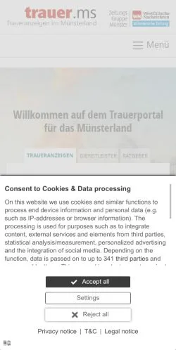 Vista previa del sitio Traueranzeigen, medio de Alemania para artículos patrocinados