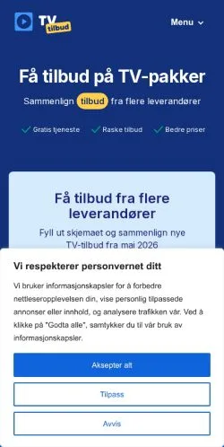 Podgląd witryny Beste TV-pakker, medium z kraju Norwegia do artykułów sponsorowanych