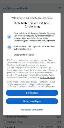 Anteprima del sito Schulferien Online, media di Germania per articoli sponsorizzati
