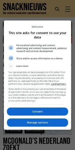 Anteprima del sito Snacknieuws, media di Paesi Bassi per articoli sponsorizzati