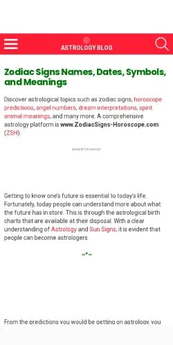Vista previa del sitio Zodiac Signs Horoscope, medio de Estados Unidos para artículos patrocinados