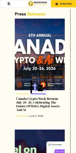 Podgląd witryny Blockchain Magazine, medium z kraju Stany Zjednoczone do artykułów sponsorowanych