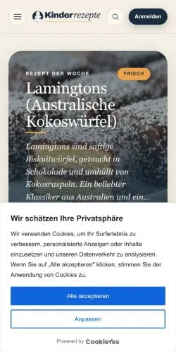 Anteprima del sito Kinderrezepte, media di Germania per articoli sponsorizzati