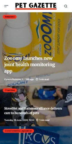 Anteprima del sito Pet Gazette, media di Stati Uniti per articoli sponsorizzati