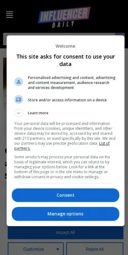 Anteprima del sito Influencer Daily, media di Stati Uniti per articoli sponsorizzati