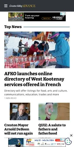 Anteprima del sito Creston Valley Advance, media di Canada per articoli sponsorizzati