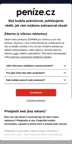 Pré-visualização do site Peníze, meio de Tchéquia para artigos patrocinados