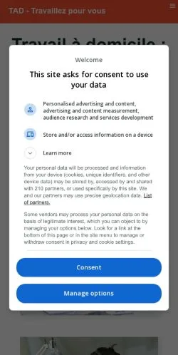 Anteprima del sito Travail À Domicile, media di Francia per articoli sponsorizzati