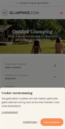 Förhandsvisning av webbplatsen Glampings, medium i Nederländerna för sponsrade artiklar