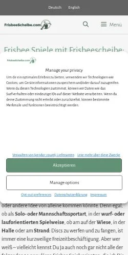 Preview of the Frisbee Spiele website, a media outlet in Germany for sponsored articles