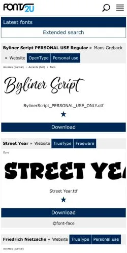 Voorbeeld van de site Fonts2u.com Download fonts, medium uit Verenigde Staten voor gesponsorde artikelen