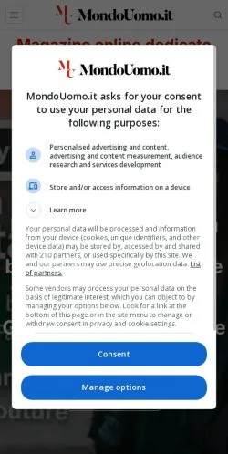 スポンサード記事向けのイタリアメディア、MondoUomoのサイトプレビュー