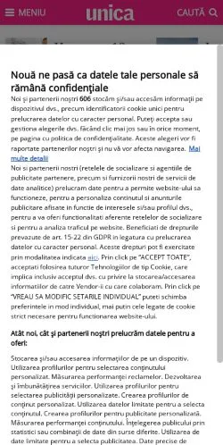Anteprima del sito Unica, media di Romania per articoli sponsorizzati