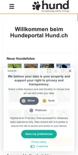 Pré-visualização do site DER HUND, meio de Suíça para artigos patrocinados