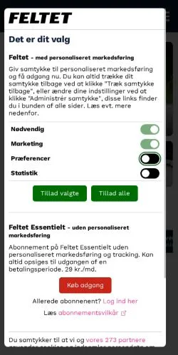 Förhandsvisning av webbplatsen Feltet, medium i Danmark för sponsrade artiklar