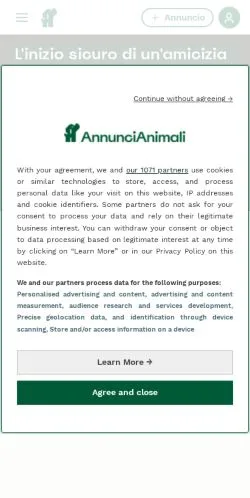 Podgląd witryny AnnunciAnimali, medium z kraju Włochy do artykułów sponsorowanych