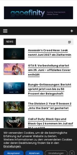 Vista previa del sitio Gamefinity, medio de Alemania para artículos patrocinados