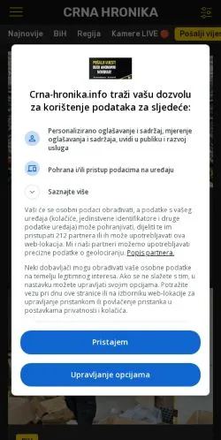 Anteprima del sito Crna Hronika, media di Bosnia ed Erzegovina per articoli sponsorizzati