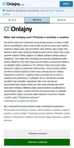 Anteprima del sito Onlajny, media di Cechia per articoli sponsorizzati