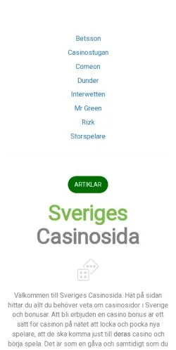 Podgląd witryny Sveriges Casinosida, medium z kraju Szwecja do artykułów sponsorowanych