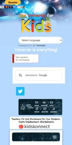 Anteprima del sito Our Universe For Kids, media di Stati Uniti per articoli sponsorizzati