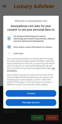 スポンサード記事向けのアメリカ合衆国メディア、Luxury Adviserのサイトプレビュー