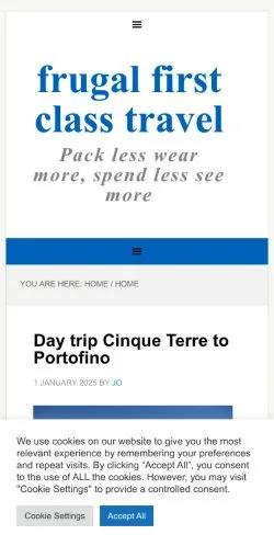 Anteprima del sito Frugal First Class Travel, media di Stati Uniti per articoli sponsorizzati