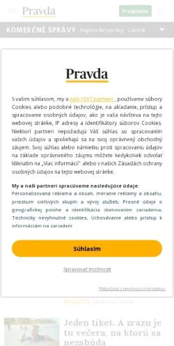 Podgląd witryny Komerčné Správy Pravda, medium z kraju Słowacja do artykułów sponsorowanych