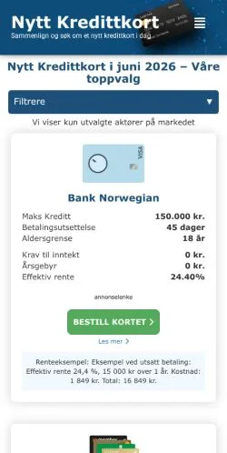 Anteprima del sito Nytt Kredittkort, media di Norvegia per articoli sponsorizzati