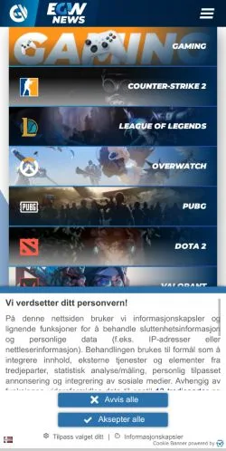 Pré-visualização do site EGamersWorld, meio de Estados Unidos para artigos patrocinados