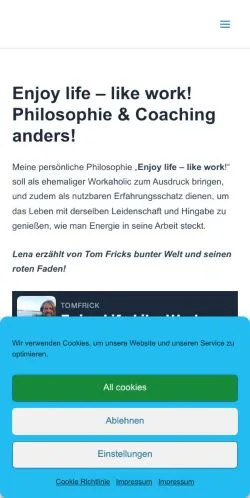Forhåndsvisning av nettstedet Tom Frick Philosophie & Coaching, medium fra Tyskland for sponsede artikler