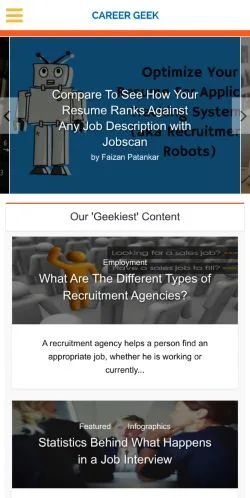 Anteprima del sito Career Geek, media di Stati Uniti per articoli sponsorizzati