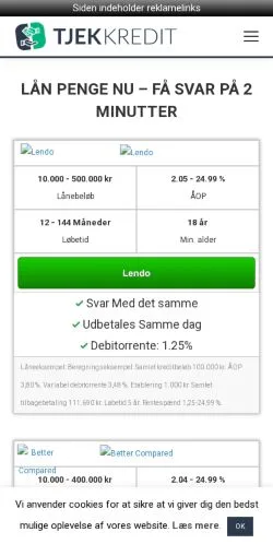 Podgląd witryny Tjekkredit, medium z kraju Dania do artykułów sponsorowanych